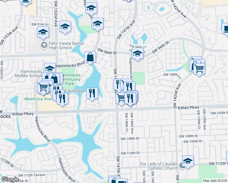 map of restaurants, bars, coffee shops, grocery stores, and more near 10073 Southwest 147th Court in Miami