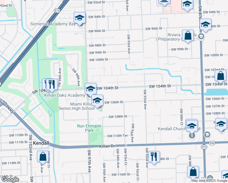 map of restaurants, bars, coffee shops, grocery stores, and more near 9400 Southwest 104th Street in Miami