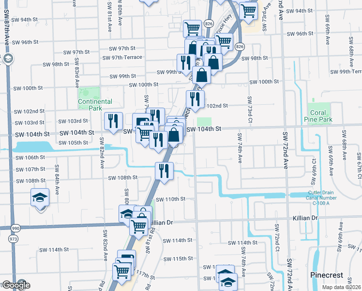 map of restaurants, bars, coffee shops, grocery stores, and more near 10533 South Dixie Highway in Pinecrest