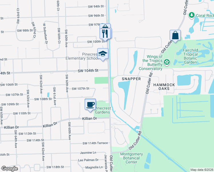 map of restaurants, bars, coffee shops, grocery stores, and more near 5701 Southwest 107th Street in Pinecrest