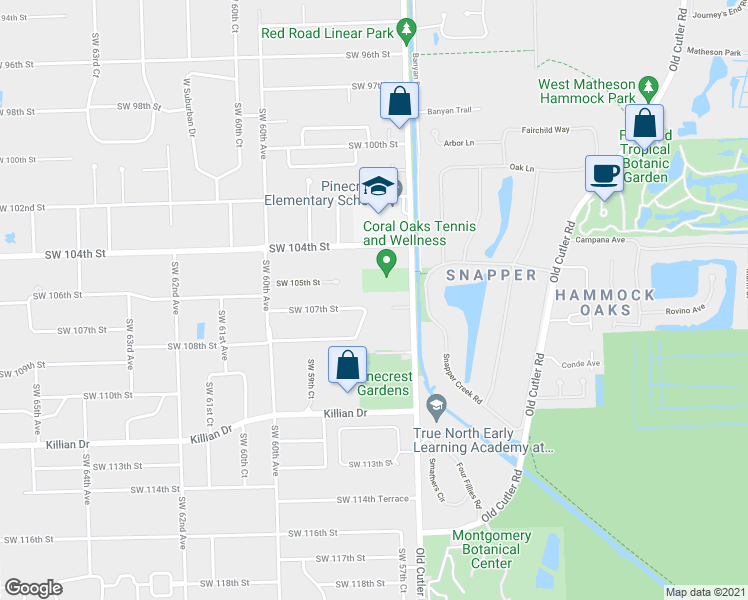 map of restaurants, bars, coffee shops, grocery stores, and more near 5791 Southwest 107th Street in Miami