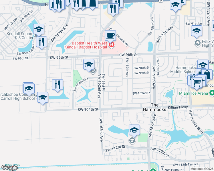 map of restaurants, bars, coffee shops, grocery stores, and more near 10076 Southwest 161st Place in Miami
