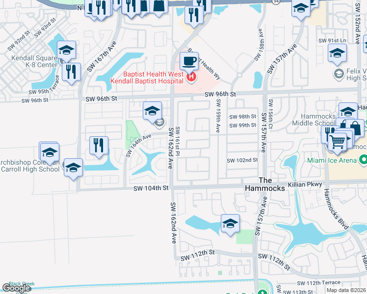 map of restaurants, bars, coffee shops, grocery stores, and more near 10076 Southwest 161st Place in Miami
