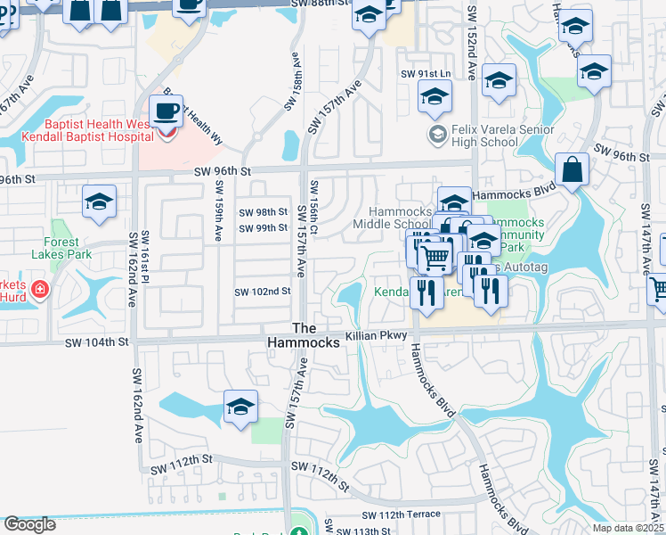 map of restaurants, bars, coffee shops, grocery stores, and more near 15624 Southwest 100th Lane in Miami