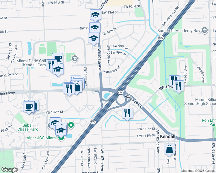map of restaurants, bars, coffee shops, grocery stores, and more near 10620 Southwest 103rd Street in Miami