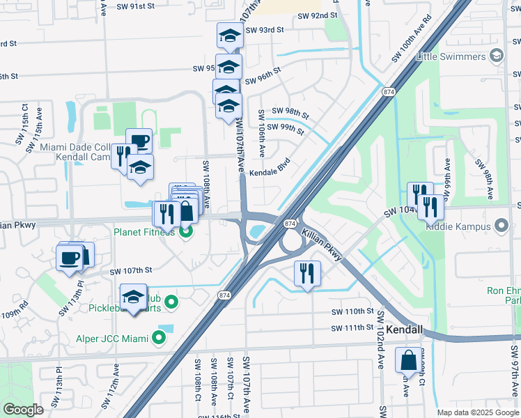 map of restaurants, bars, coffee shops, grocery stores, and more near 10620 Southwest 103rd Street in Miami