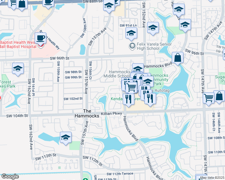 map of restaurants, bars, coffee shops, grocery stores, and more near 10202 Hammocks Boulevard in Miami
