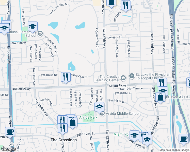 map of restaurants, bars, coffee shops, grocery stores, and more near 10252 Southwest 127th Place in Miami