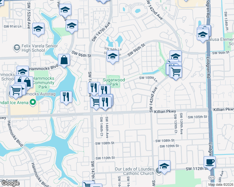 map of restaurants, bars, coffee shops, grocery stores, and more near 10136 Southwest 144th Place in Miami