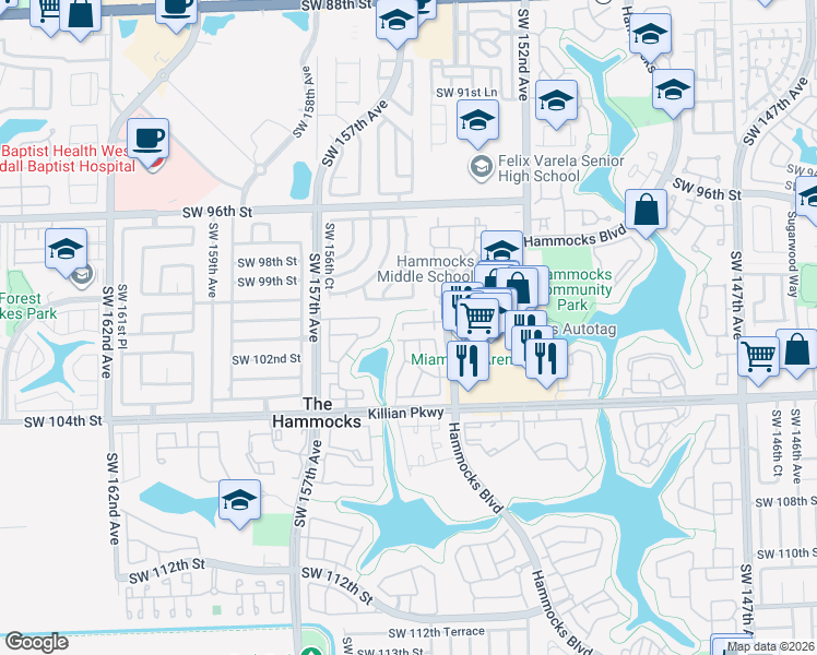 map of restaurants, bars, coffee shops, grocery stores, and more near 10202 Hammocks Boulevard in Miami