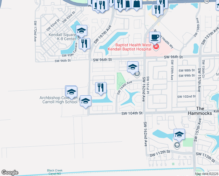 map of restaurants, bars, coffee shops, grocery stores, and more near 10055 Southwest 165th Court in Miami