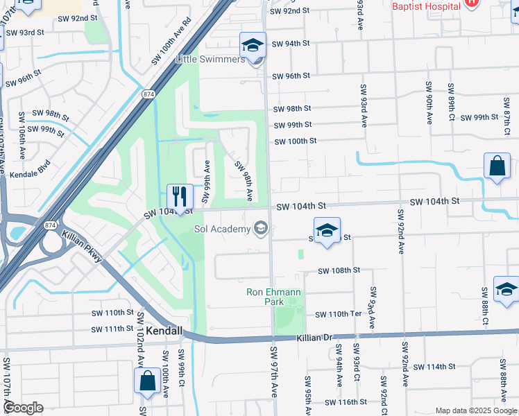 map of restaurants, bars, coffee shops, grocery stores, and more near 9755 Southwest 104th Street in Miami