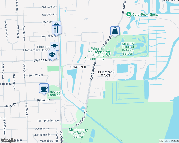 map of restaurants, bars, coffee shops, grocery stores, and more near 10600 Old Cutler Road in Coral Gables