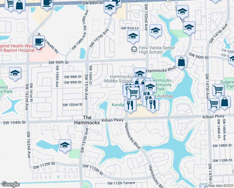 map of restaurants, bars, coffee shops, grocery stores, and more near 10202 Hammocks Boulevard in Miami