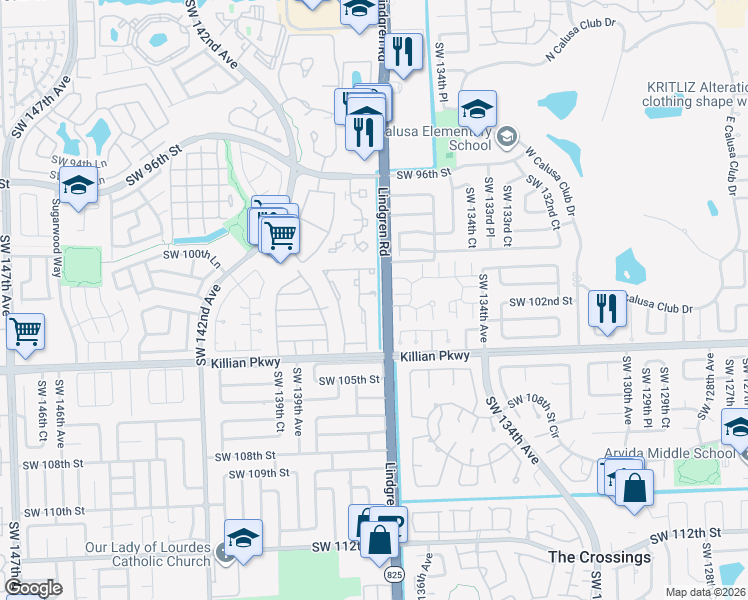 map of restaurants, bars, coffee shops, grocery stores, and more near 13660 Southwest 102nd Lane in Miami