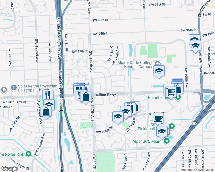map of restaurants, bars, coffee shops, grocery stores, and more near 10325 Southwest 115th Court in Miami