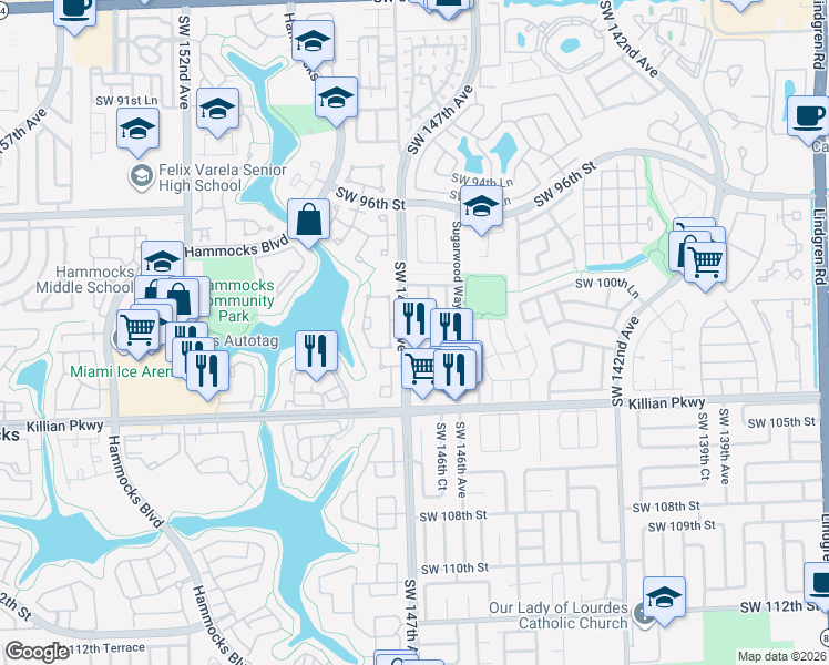 map of restaurants, bars, coffee shops, grocery stores, and more near 10073 Southwest 147th Court in Miami