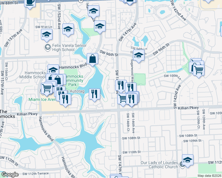 map of restaurants, bars, coffee shops, grocery stores, and more near 10073 Southwest 147th Court in Miami