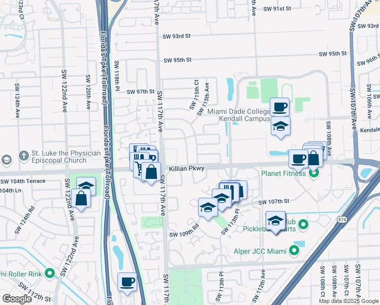 map of restaurants, bars, coffee shops, grocery stores, and more near 10325 Southwest 115th Court in Miami