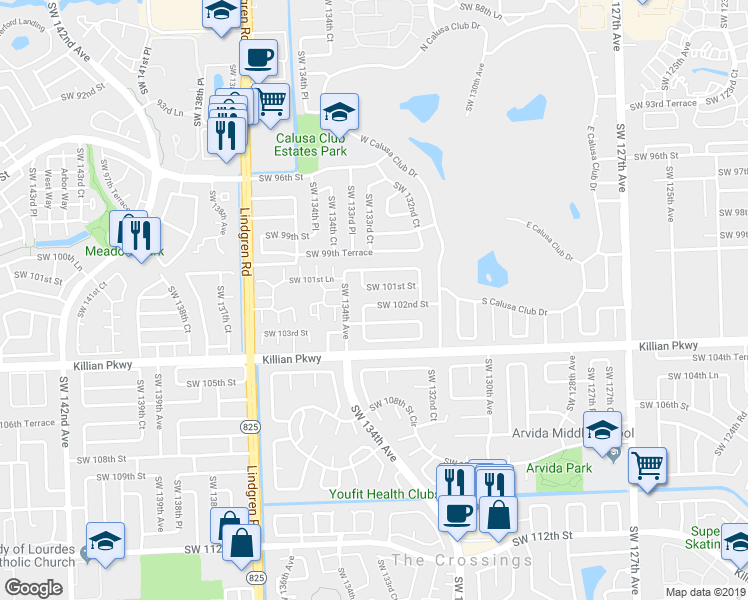 map of restaurants, bars, coffee shops, grocery stores, and more near 13315 Southwest 102nd Terrace in Miami