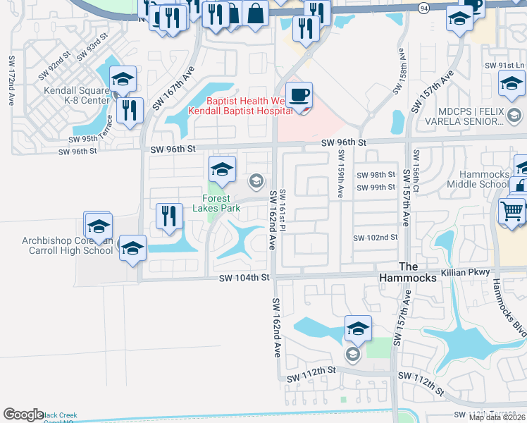map of restaurants, bars, coffee shops, grocery stores, and more near 16242 Southwest 100th Terrace in Miami