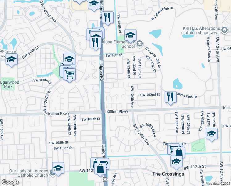 map of restaurants, bars, coffee shops, grocery stores, and more near 13511 Southwest 102nd Lane in Miami