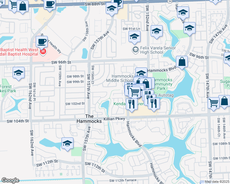 map of restaurants, bars, coffee shops, grocery stores, and more near 10202 Hammocks Boulevard in Miami