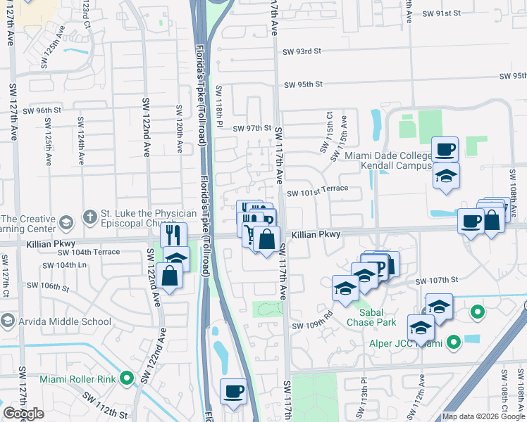 map of restaurants, bars, coffee shops, grocery stores, and more near 11743 Southwest 103rd Lane in Miami