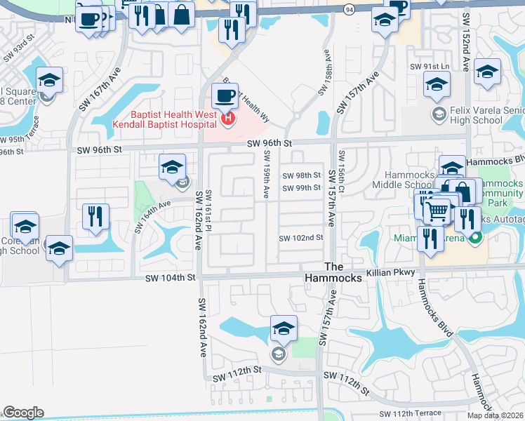 map of restaurants, bars, coffee shops, grocery stores, and more near 10055 Southwest 159th Court in Miami