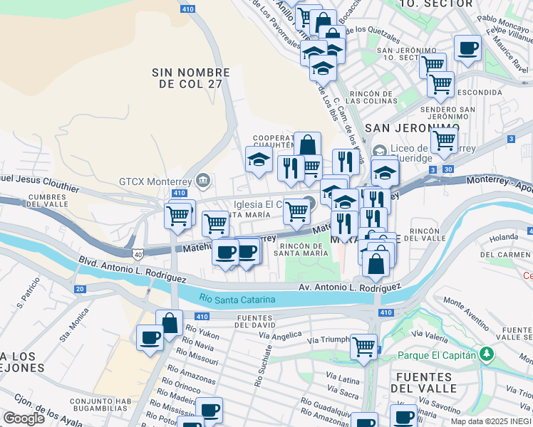 map of restaurants, bars, coffee shops, grocery stores, and more near in Monterrey