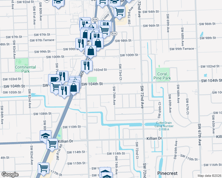 map of restaurants, bars, coffee shops, grocery stores, and more near 7390 Southwest 104th Street in Miami