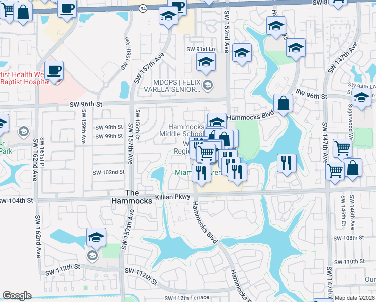 map of restaurants, bars, coffee shops, grocery stores, and more near 9908 Hammocks Boulevard in Miami