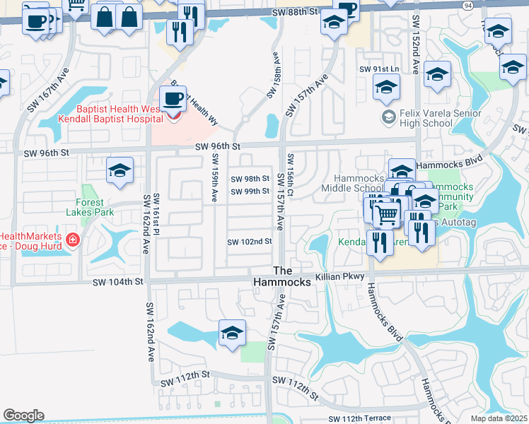 map of restaurants, bars, coffee shops, grocery stores, and more near 15763 Southwest 99th Terrace in Miami