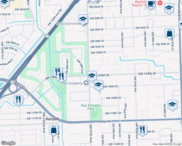 map of restaurants, bars, coffee shops, grocery stores, and more near 9601 Southwest 103rd Street in Miami