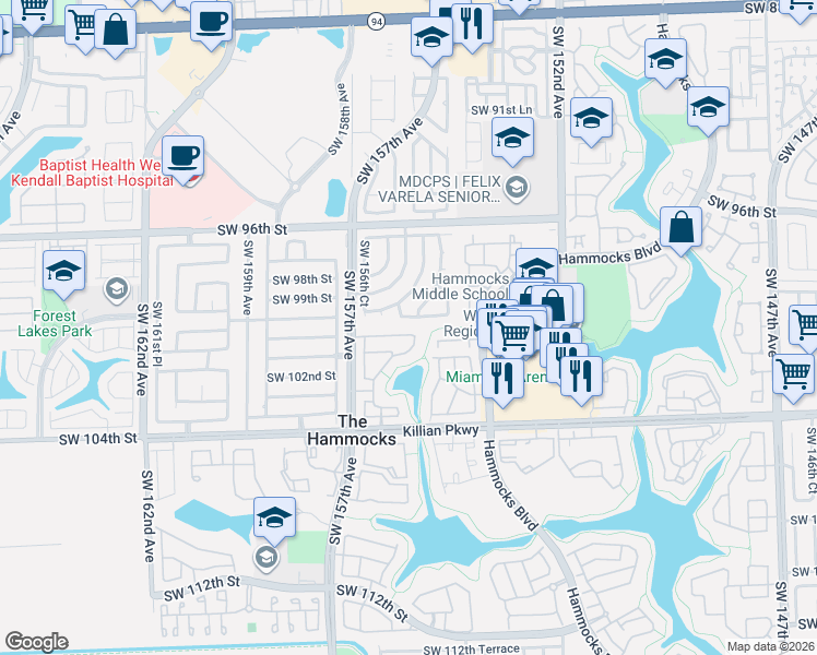 map of restaurants, bars, coffee shops, grocery stores, and more near 15447 Southwest 99th Lane in Miami