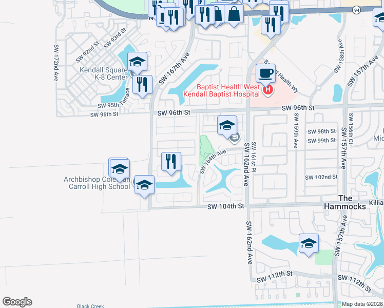 map of restaurants, bars, coffee shops, grocery stores, and more near 9750 Southwest 164th Avenue in Miami