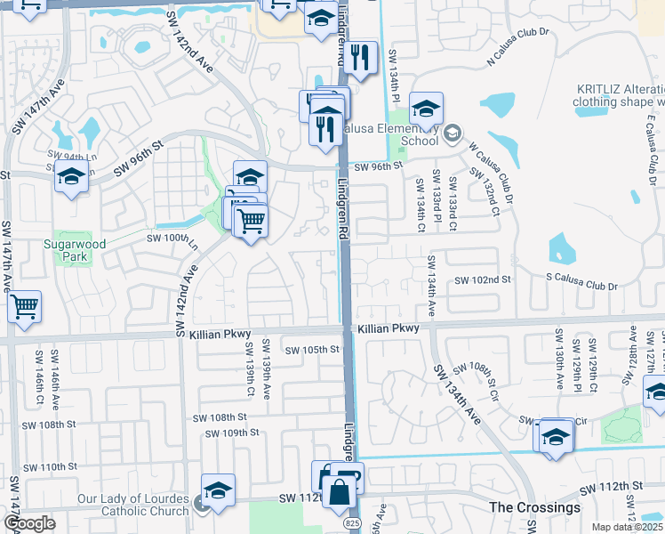 map of restaurants, bars, coffee shops, grocery stores, and more near 13665 Southwest 101st Lane in Miami