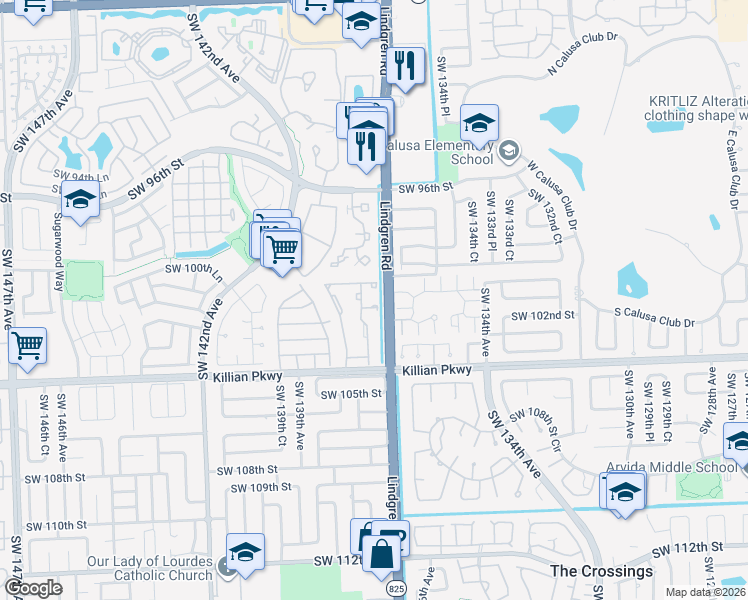 map of restaurants, bars, coffee shops, grocery stores, and more near 13665 Southwest 101st Lane in Miami