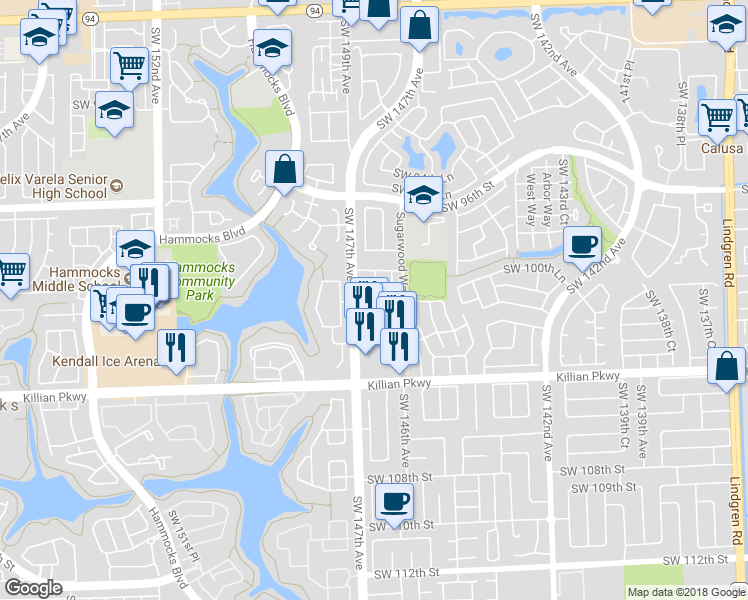 map of restaurants, bars, coffee shops, grocery stores, and more near 9949 Southwest 146th Place in Miami