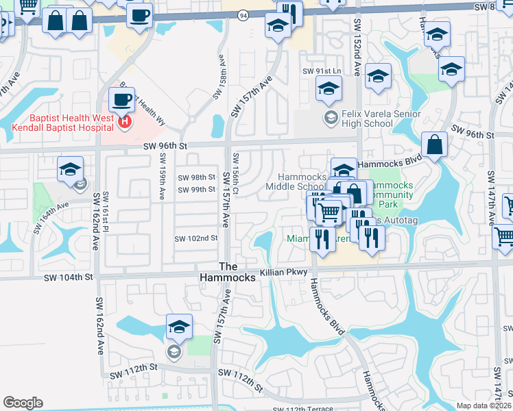 map of restaurants, bars, coffee shops, grocery stores, and more near 9935 Southwest 155th Court in Miami