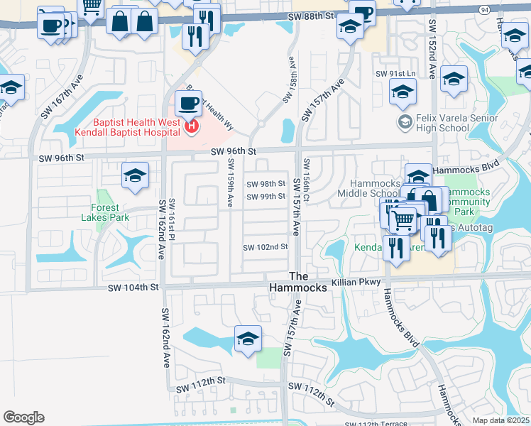 map of restaurants, bars, coffee shops, grocery stores, and more near 15763 Southwest 99th Terrace in Miami