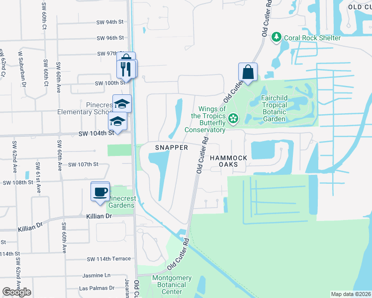 map of restaurants, bars, coffee shops, grocery stores, and more near 10440 Lakeside Drive in Coral Gables