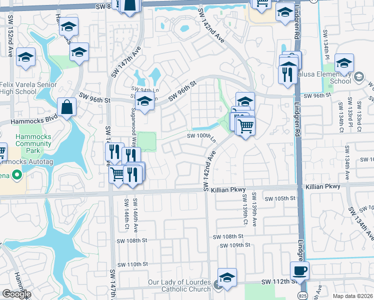 map of restaurants, bars, coffee shops, grocery stores, and more near 14281 Southwest 101st Street in Miami