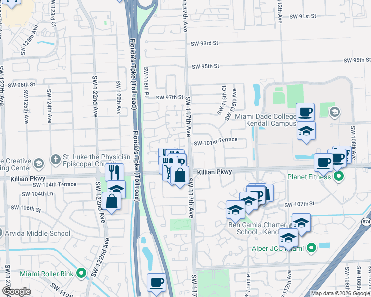 map of restaurants, bars, coffee shops, grocery stores, and more near 10133 Southwest 117th Court in Miami