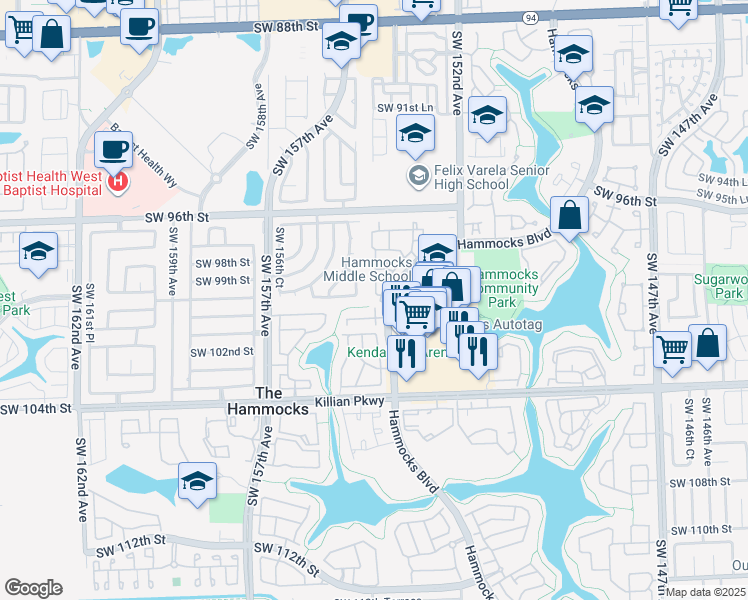 map of restaurants, bars, coffee shops, grocery stores, and more near 9908 Hammocks Boulevard in Miami
