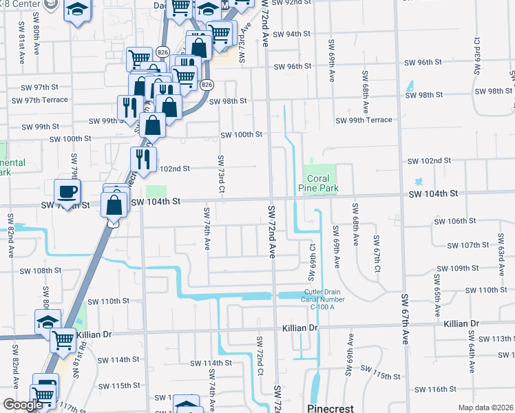 map of restaurants, bars, coffee shops, grocery stores, and more near 7220 Southwest 104th Street in Miami