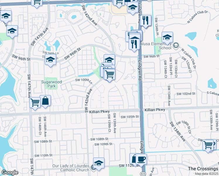 map of restaurants, bars, coffee shops, grocery stores, and more near 13931 Southwest 100th Lane in Miami