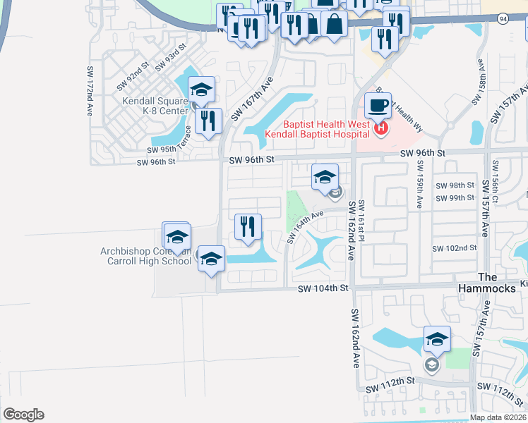map of restaurants, bars, coffee shops, grocery stores, and more near 9883 Southwest 164th Place in Miami