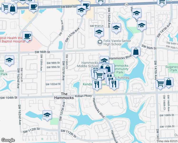 map of restaurants, bars, coffee shops, grocery stores, and more near 9908 Hammocks Boulevard in Miami