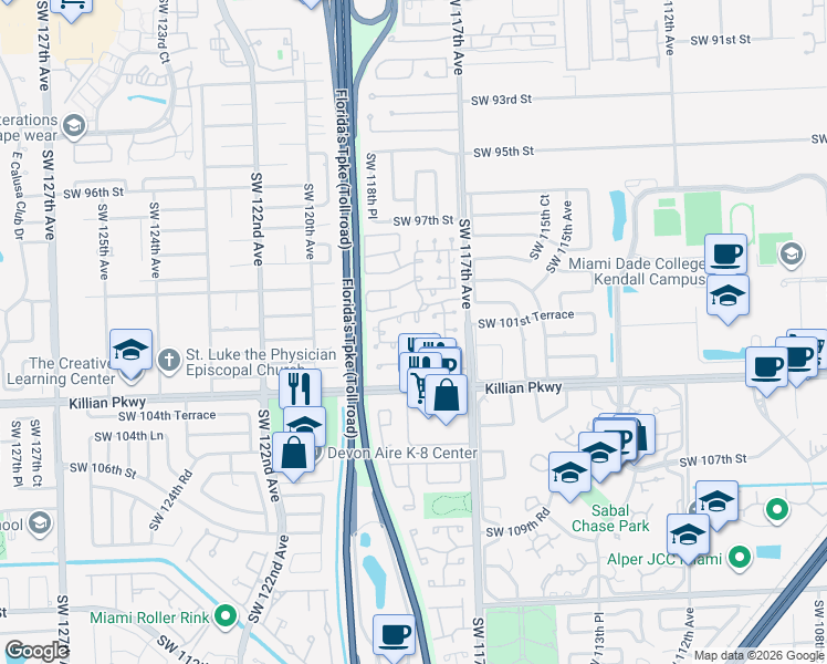map of restaurants, bars, coffee shops, grocery stores, and more near 11826 Southwest 100th Terrace in Miami